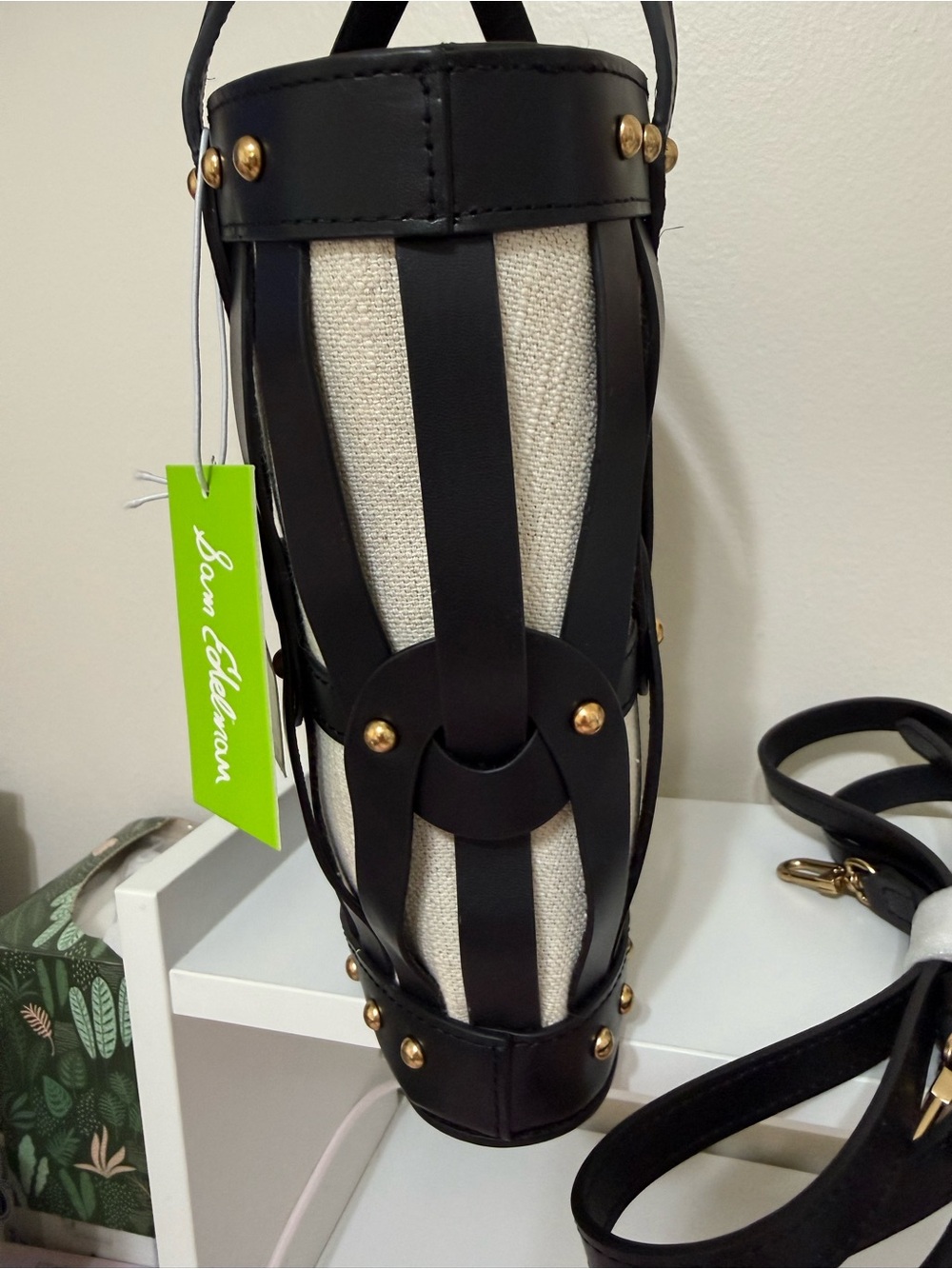 Sam Edelman Black and Cream Striped Leather-Trim Bucket Tote - Picture 3 of 12